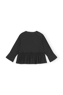 Cotton Poplin Round Neck Tie String Peplum Blouse | Black