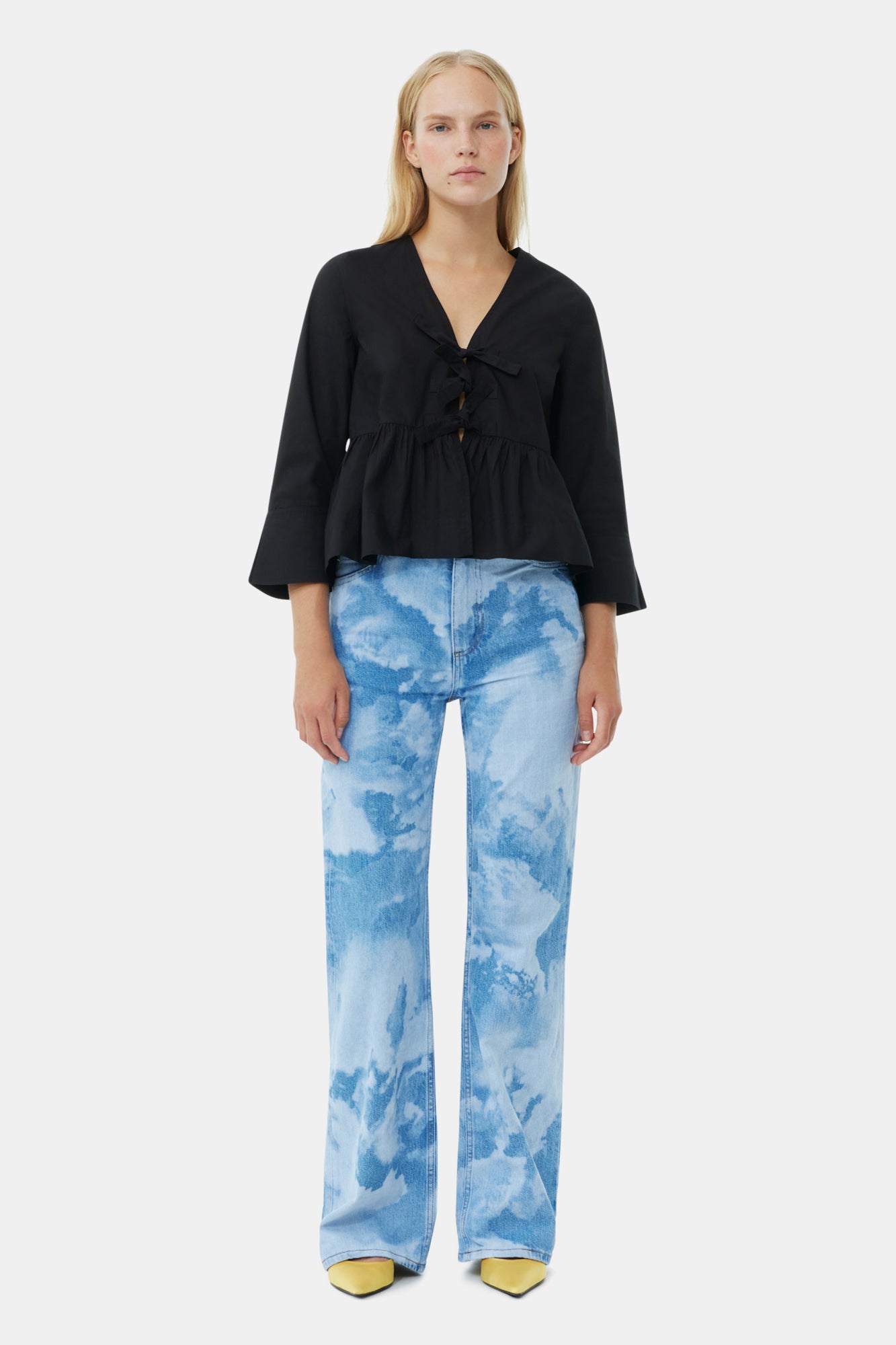 Cotton Poplin Round Neck Tie String Peplum Blouse | Black