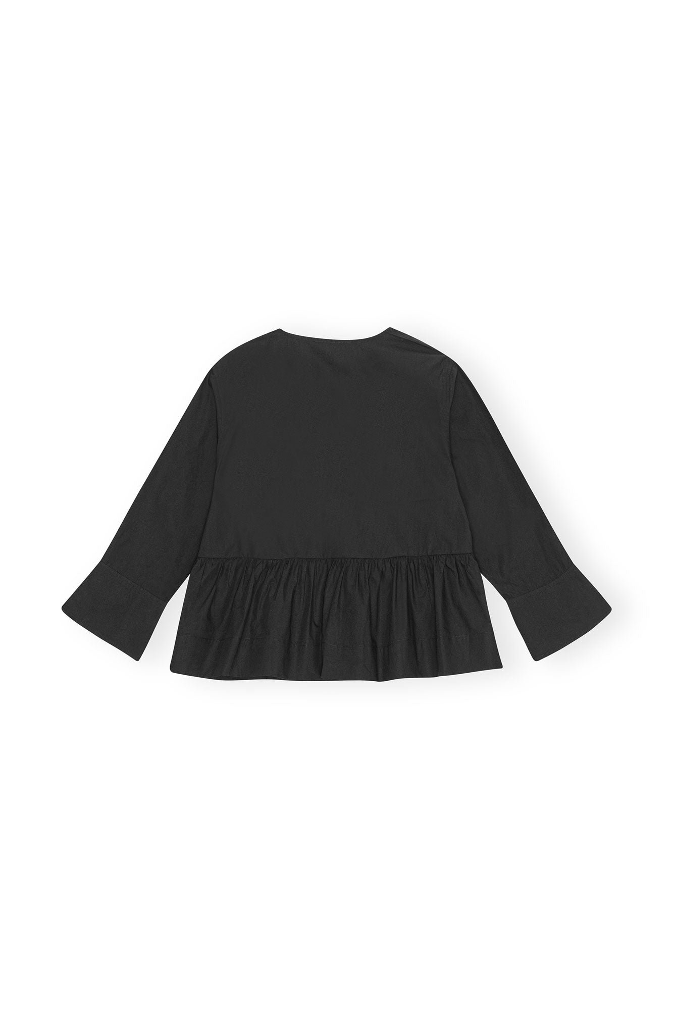 Cotton Poplin Round Neck Tie String Peplum Blouse | Black