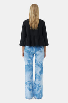 Cotton Poplin Round Neck Tie String Peplum Blouse | Black