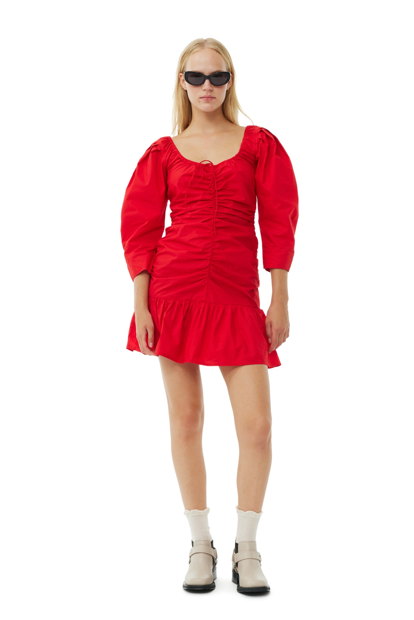 Cotton Poplin Gathered U-neck Mini Dress | Racing Red