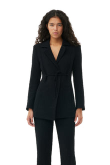 Textured Suiting Tie String Blazer | Black