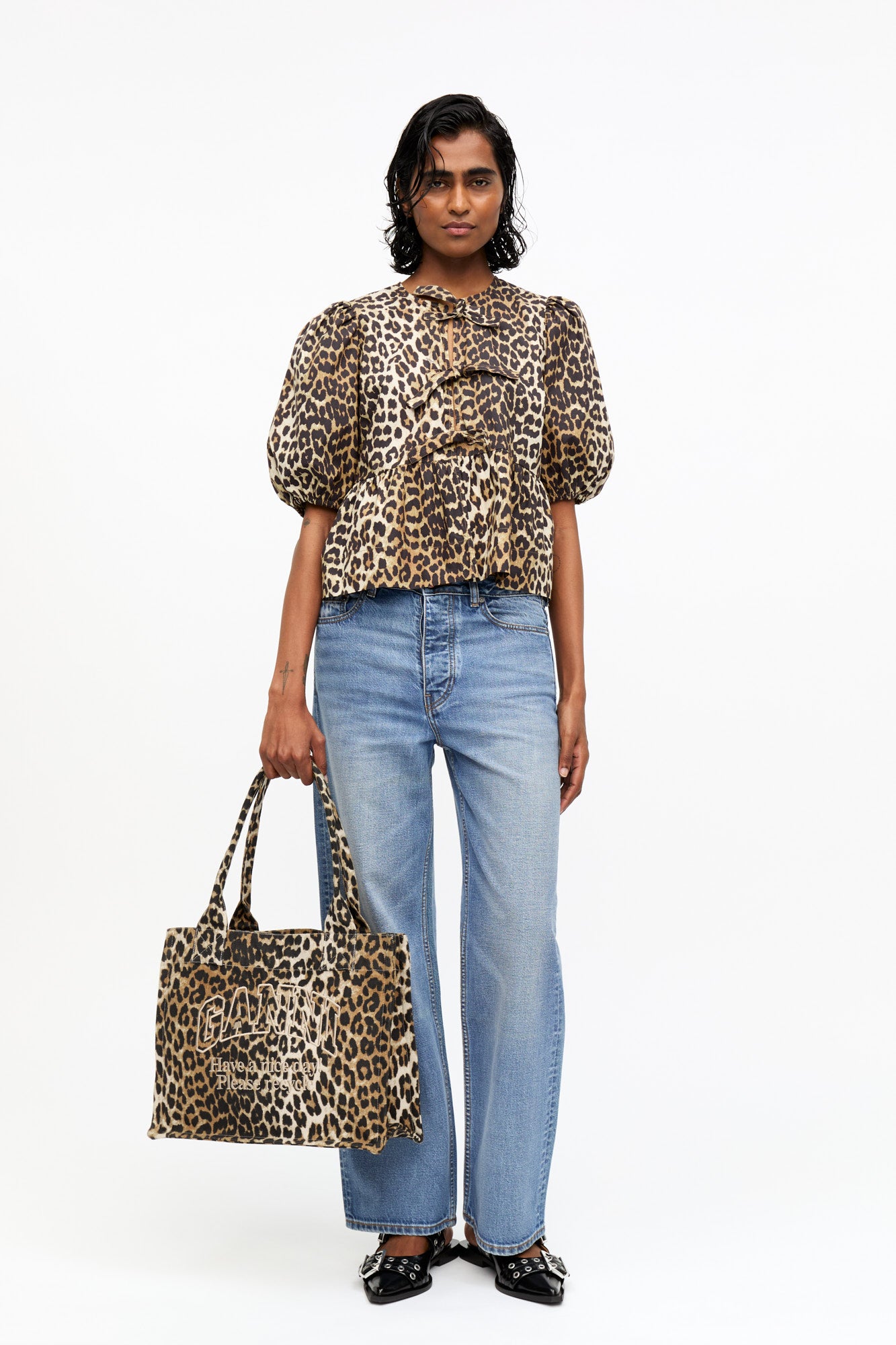 Cotton Poplin Peplum Tie Blouse | Leopard