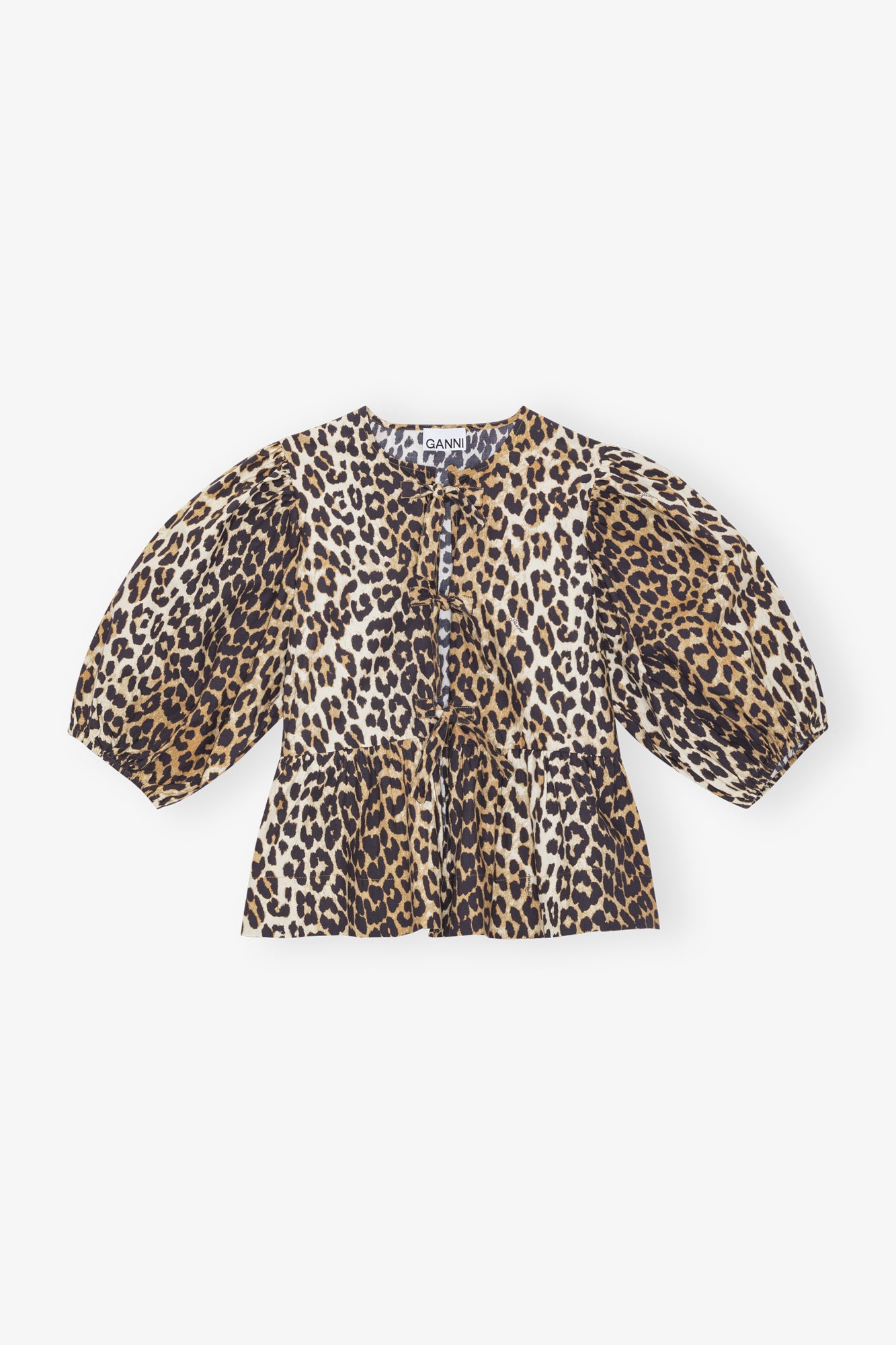 Cotton Poplin Peplum Tie Blouse | Leopard