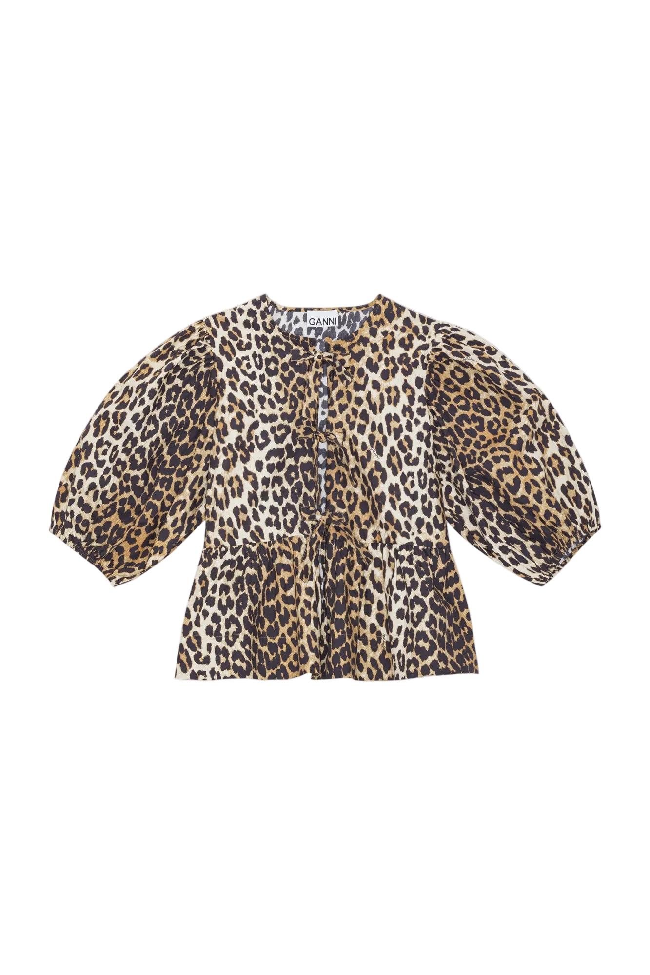 Cotton Poplin Peplum Tie Blouse | Leopard