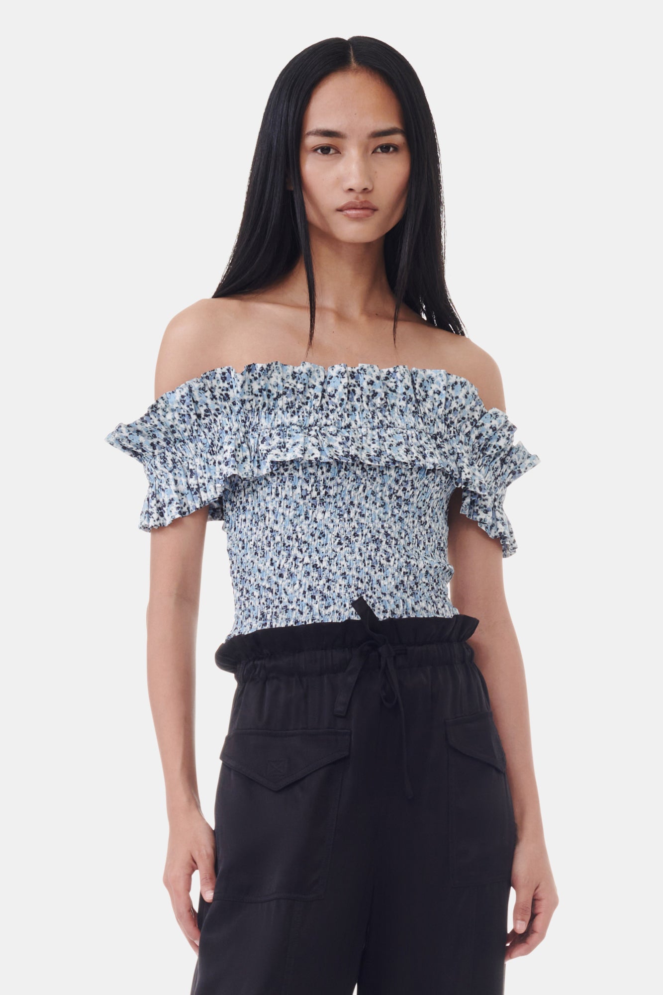 Printed Cotton Off-shoulder Smock Top | Glacier Lake