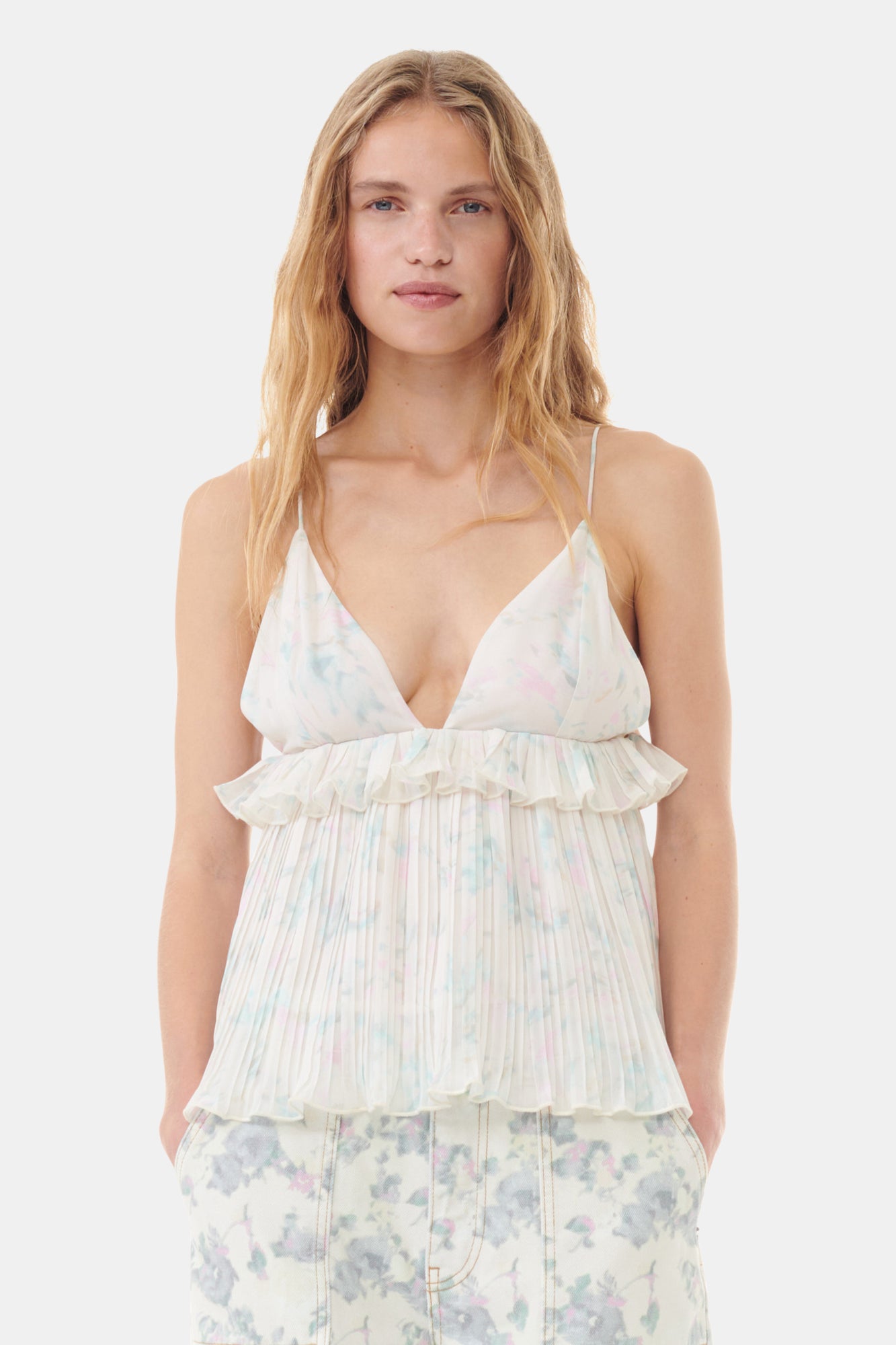 Pleated Georgette Strap Top | Tofu