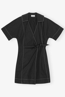 Cotton Poplin Wrap Mini Dress | Black