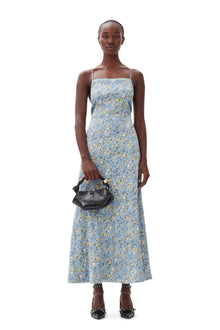 Crinkled Satin Open Back Long Slip Dress | Dusty Blue