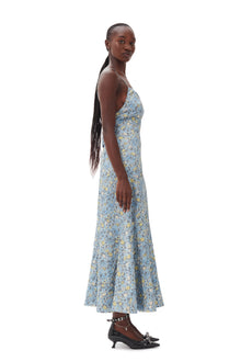 Crinkled Satin Open Back Long Slip Dress | Dusty Blue