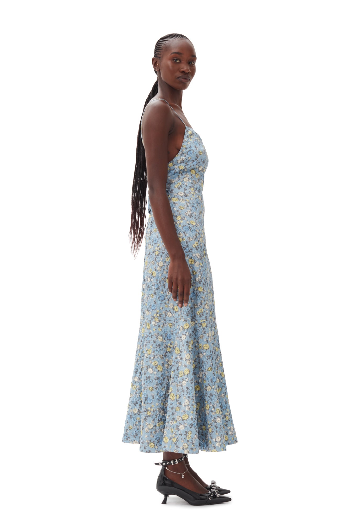 Crinkled Satin Open Back Long Slip Dress | Dusty Blue