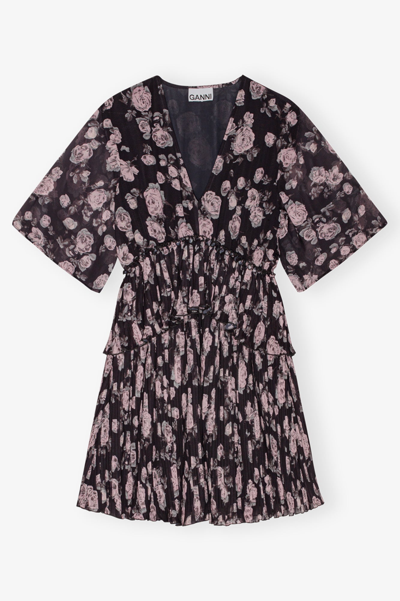 Pleated Georgette V-Neck Flounce Mini Dress | Phantom