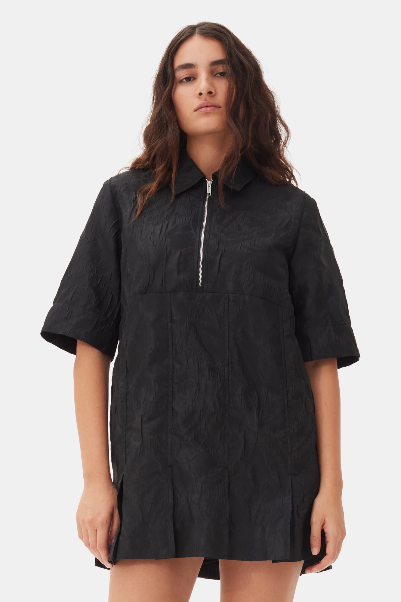 Textured Cloque Pleated Mini Dress | Black