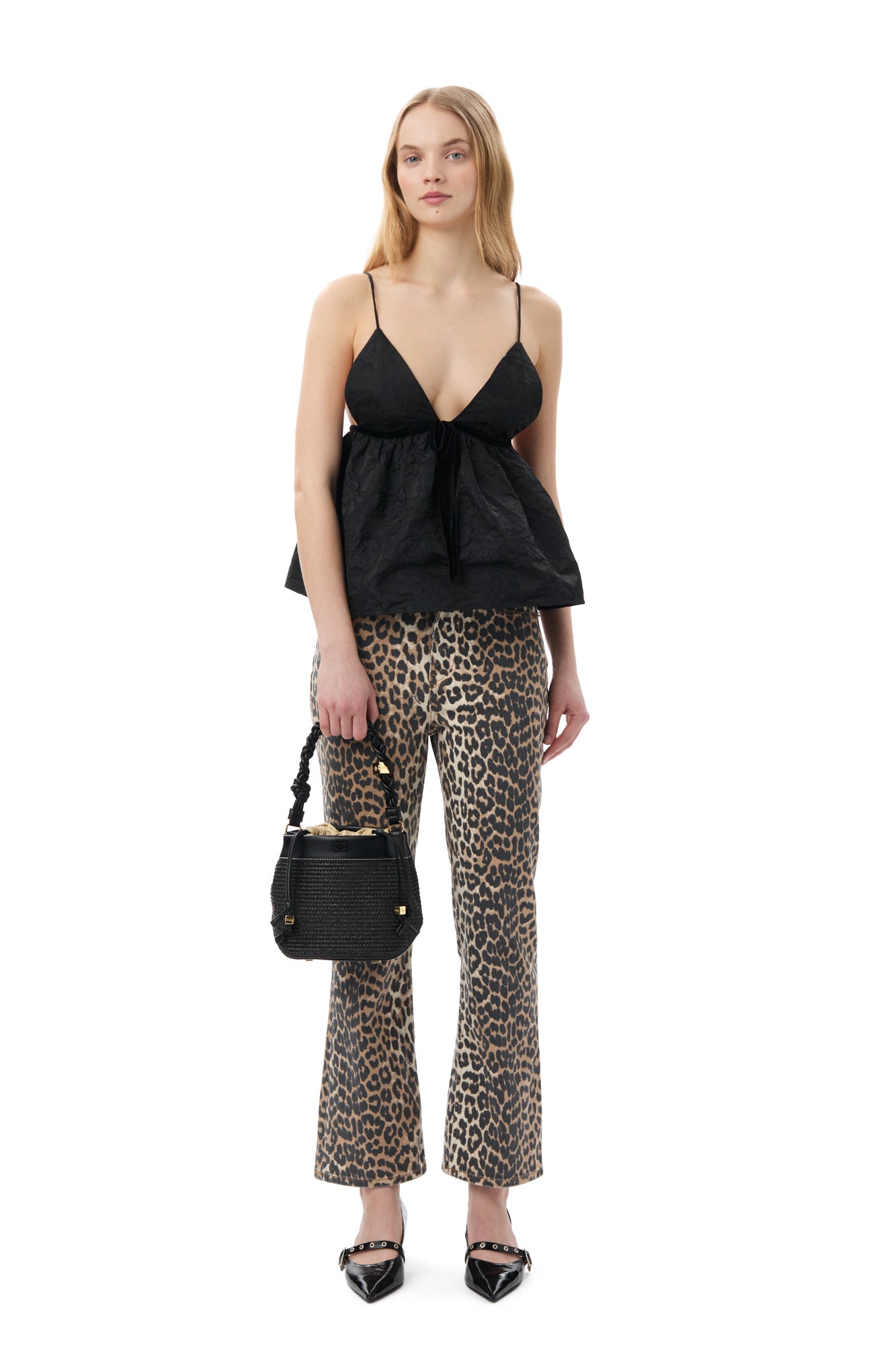 Botanical Jacquard Strap Top | Black