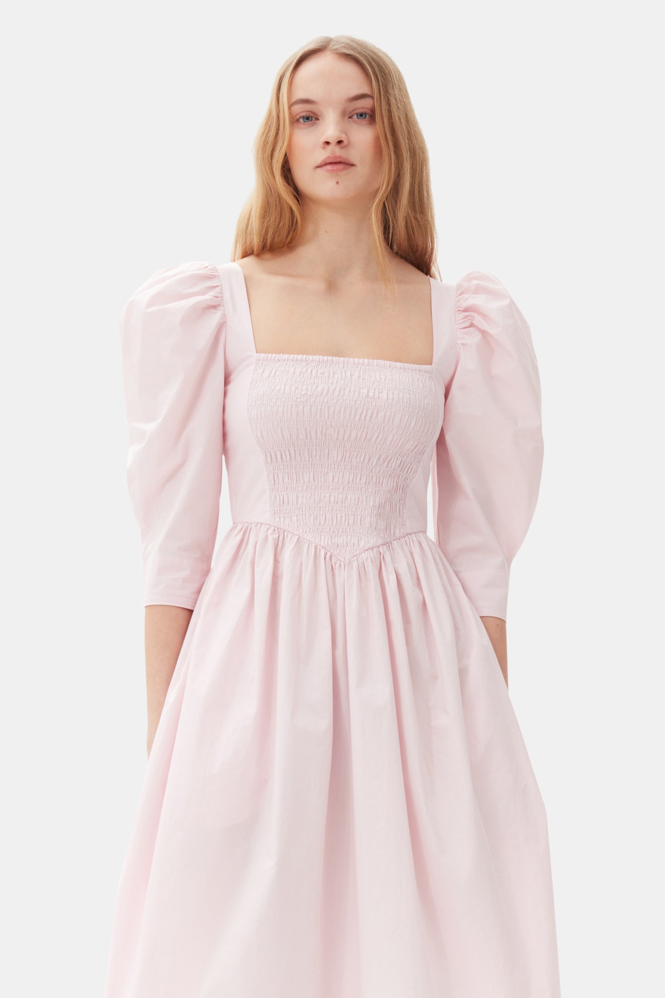 Cotton Poplin Open Neck Smock Dress | Chalk Pink