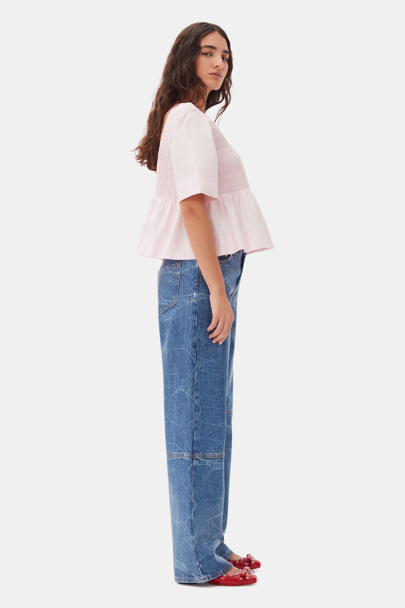 Cotton Poplin Open Back Smock Blouse | Chalk Pink