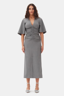 Striped Suiting V-Neck Fitted Dress | Mirage Gray