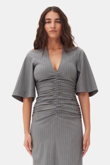 Striped Suiting V-Neck Fitted Dress | Mirage Gray