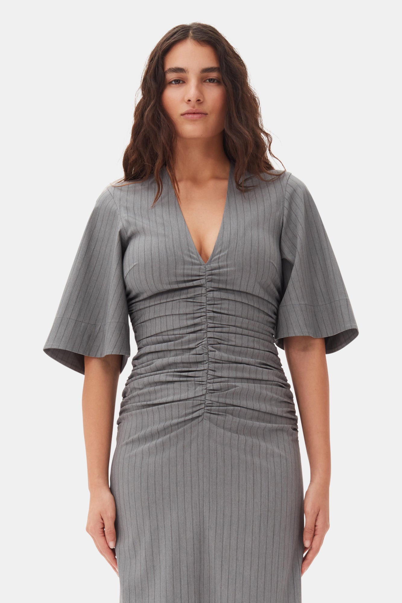 Striped Suiting V-Neck Fitted Dress | Mirage Gray