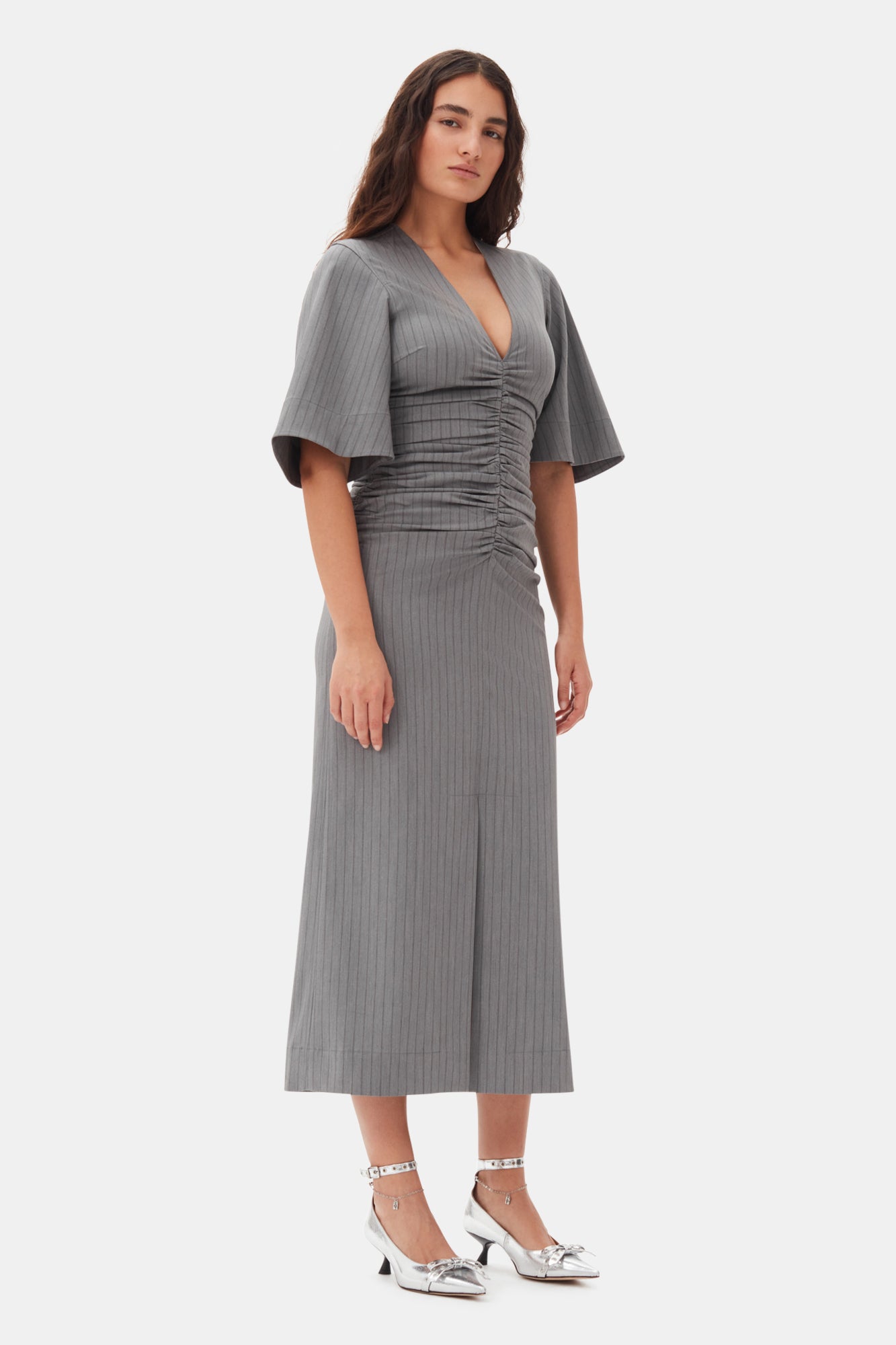 Striped Suiting V-Neck Fitted Dress | Mirage Gray