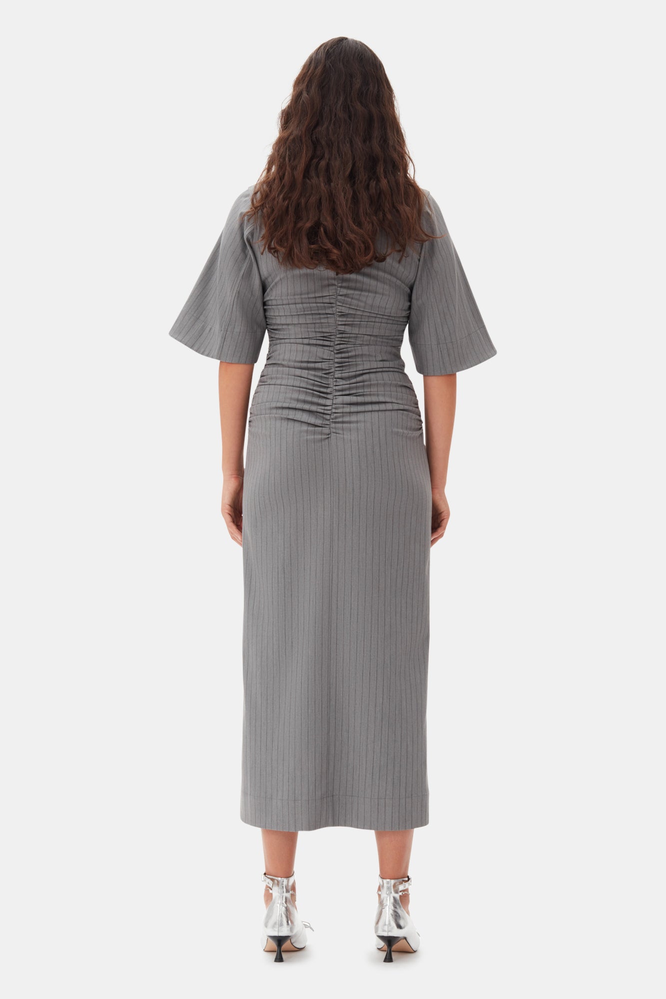 Striped Suiting V-Neck Fitted Dress | Mirage Gray