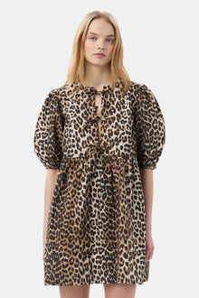 Printed Cotton Tie String Mini Dress | Leopard