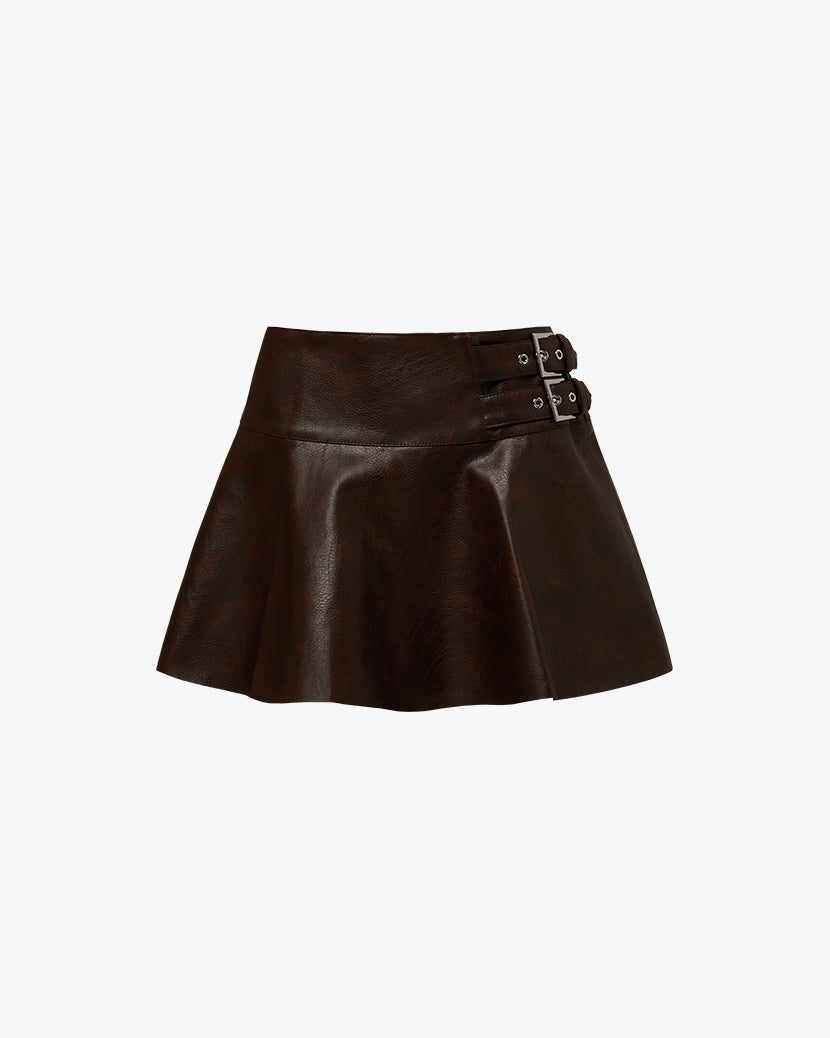 Vegan Leather Buckle Mini Skort | Dark Patina