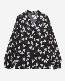 Loose V-Neck Shirt With Flowers | Women | Black x Ecru