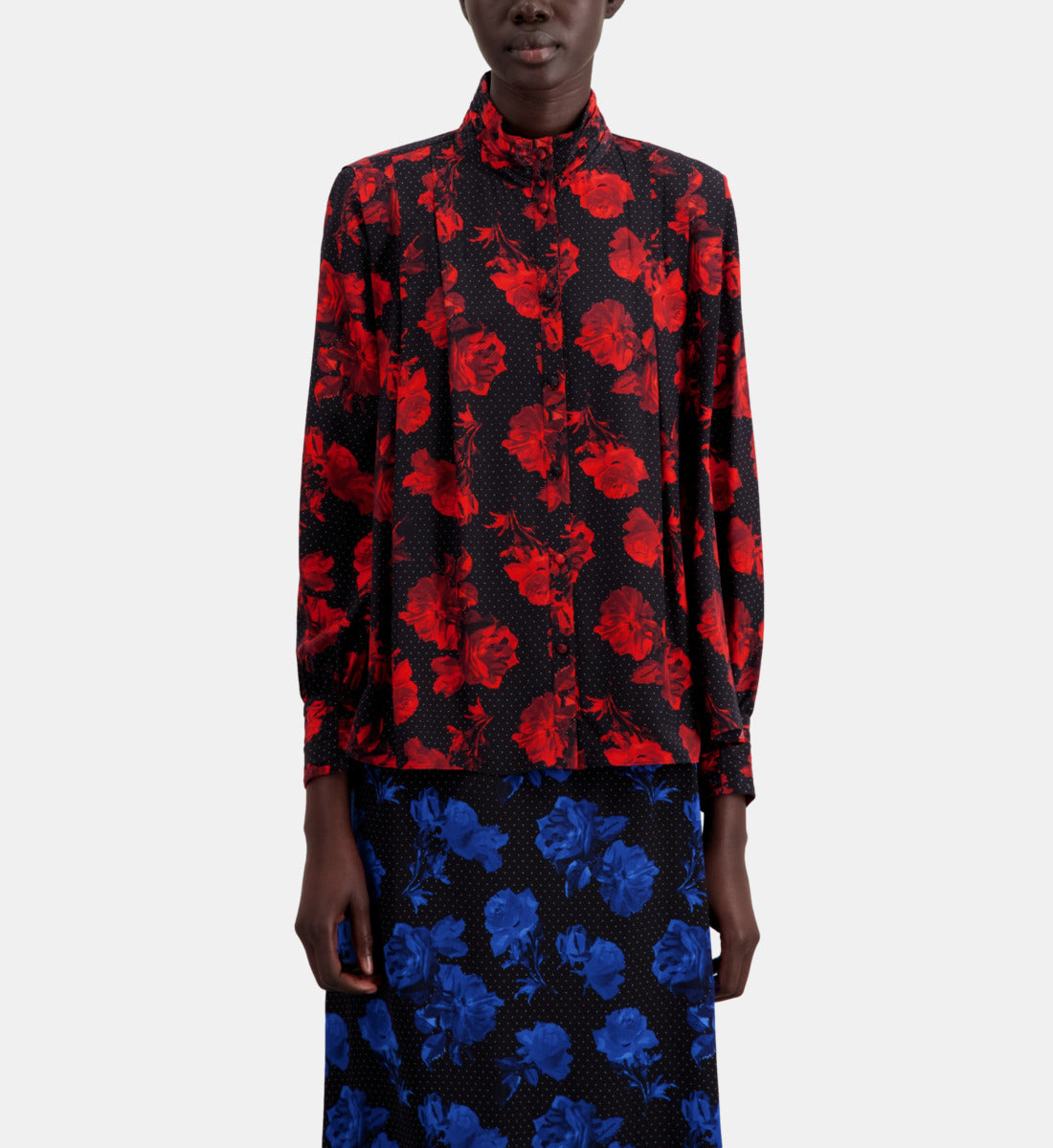 Printed Silk Top With Pleating | Women | Black x Red