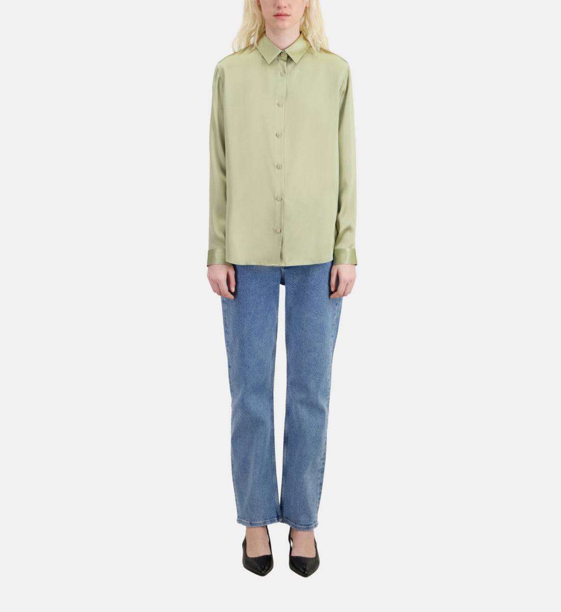 Light Green Satin Silk Shirt | Women | Khaki Grey