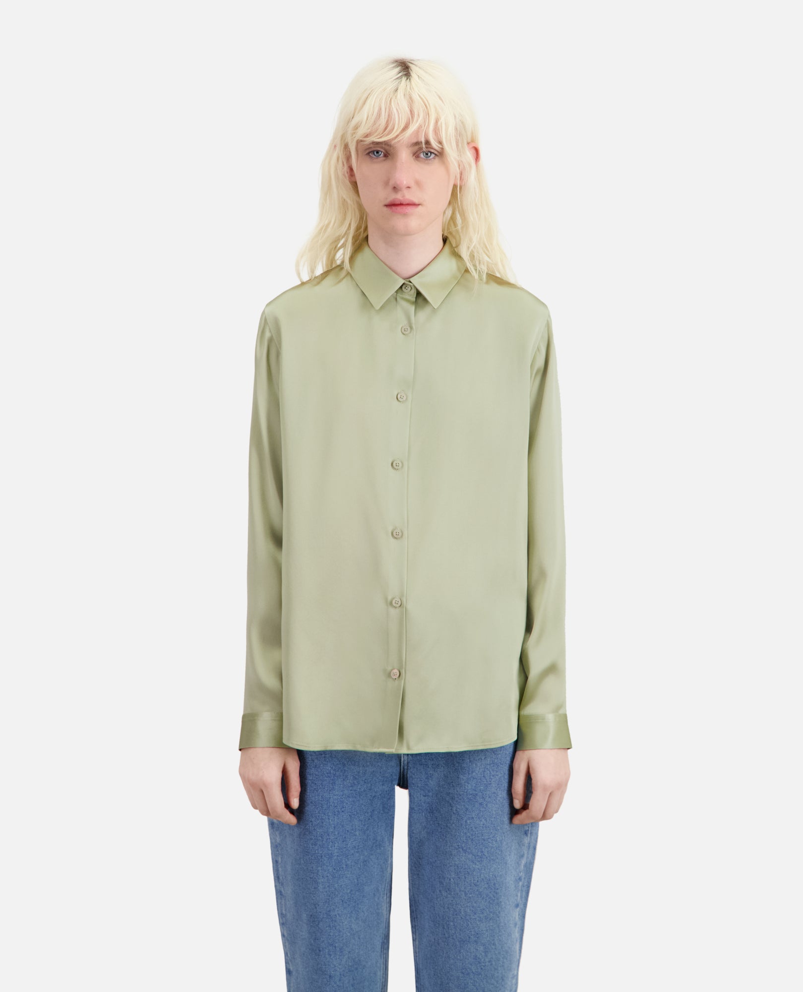 Light Green Satin Silk Shirt | Women | Khaki Grey