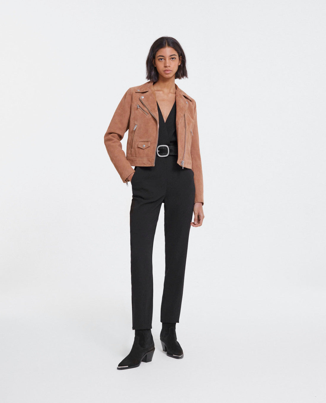 Suede Leather Zipped Biker Jacket | Women | Camel