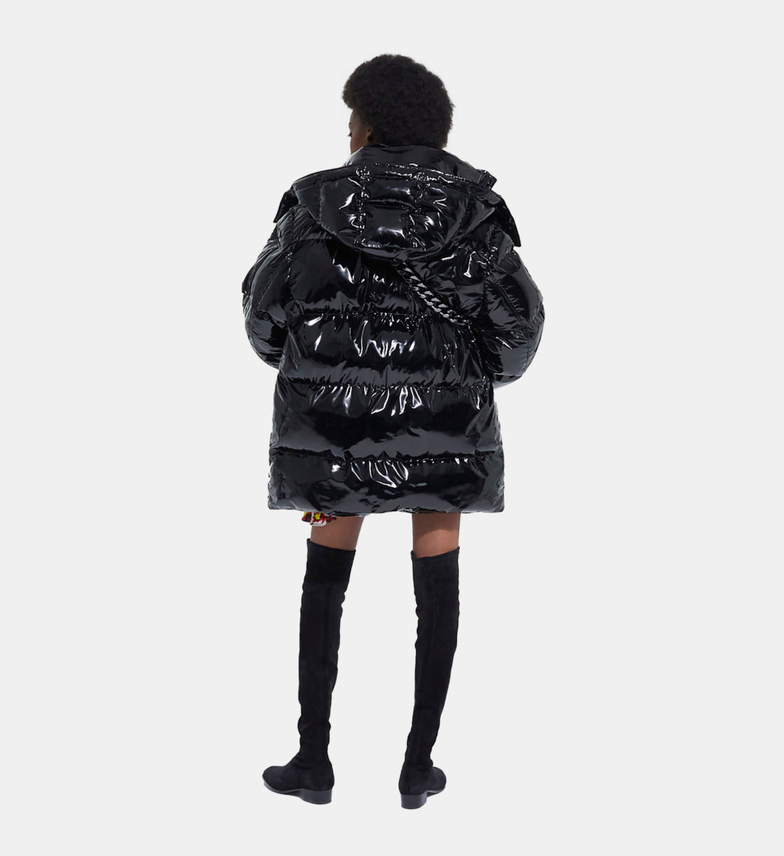 Oversized Vinyl Down Jacket With Straps And Logo | Women | Black