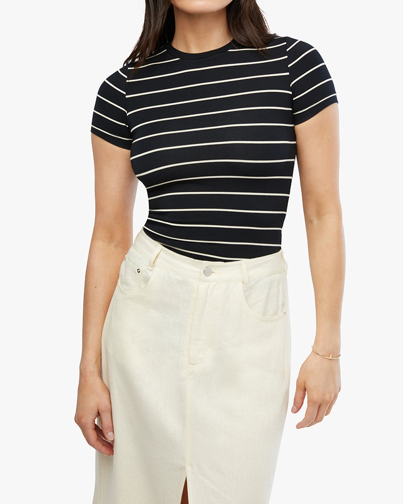 Fitted Crew Neck Top | Black/Antique White