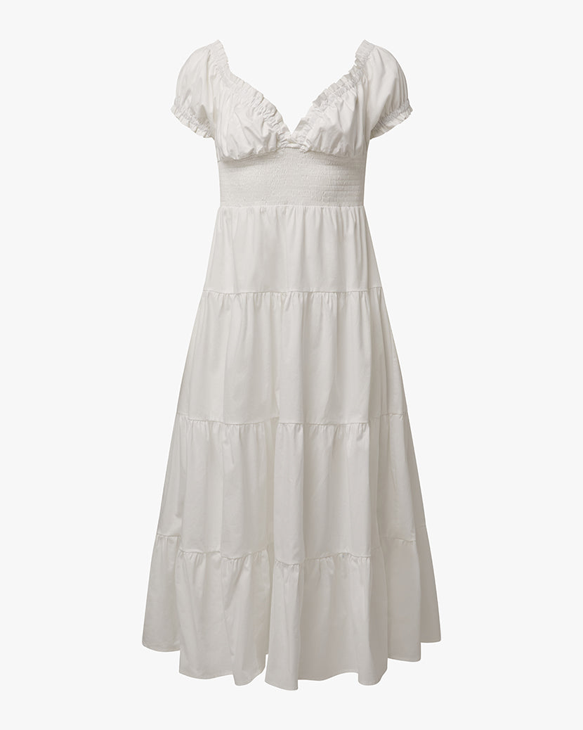 Puff Sleeve Smocked Midi Dress | White