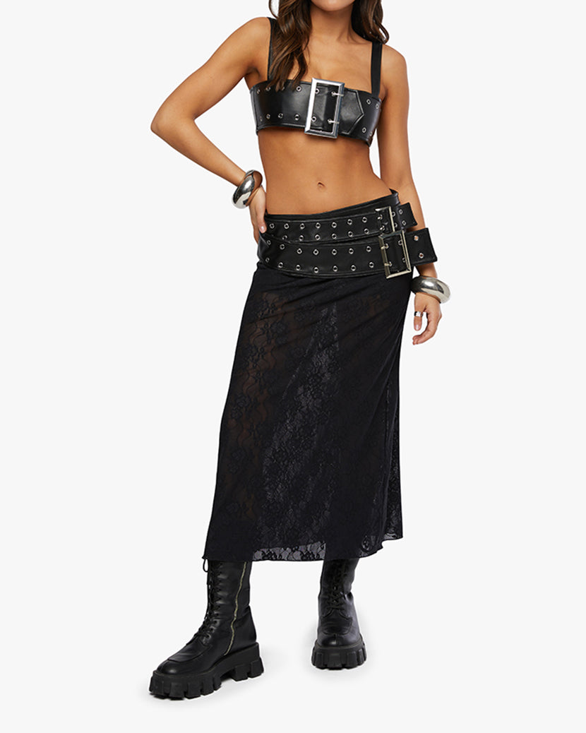 Double Belt Midi Skirt | Black