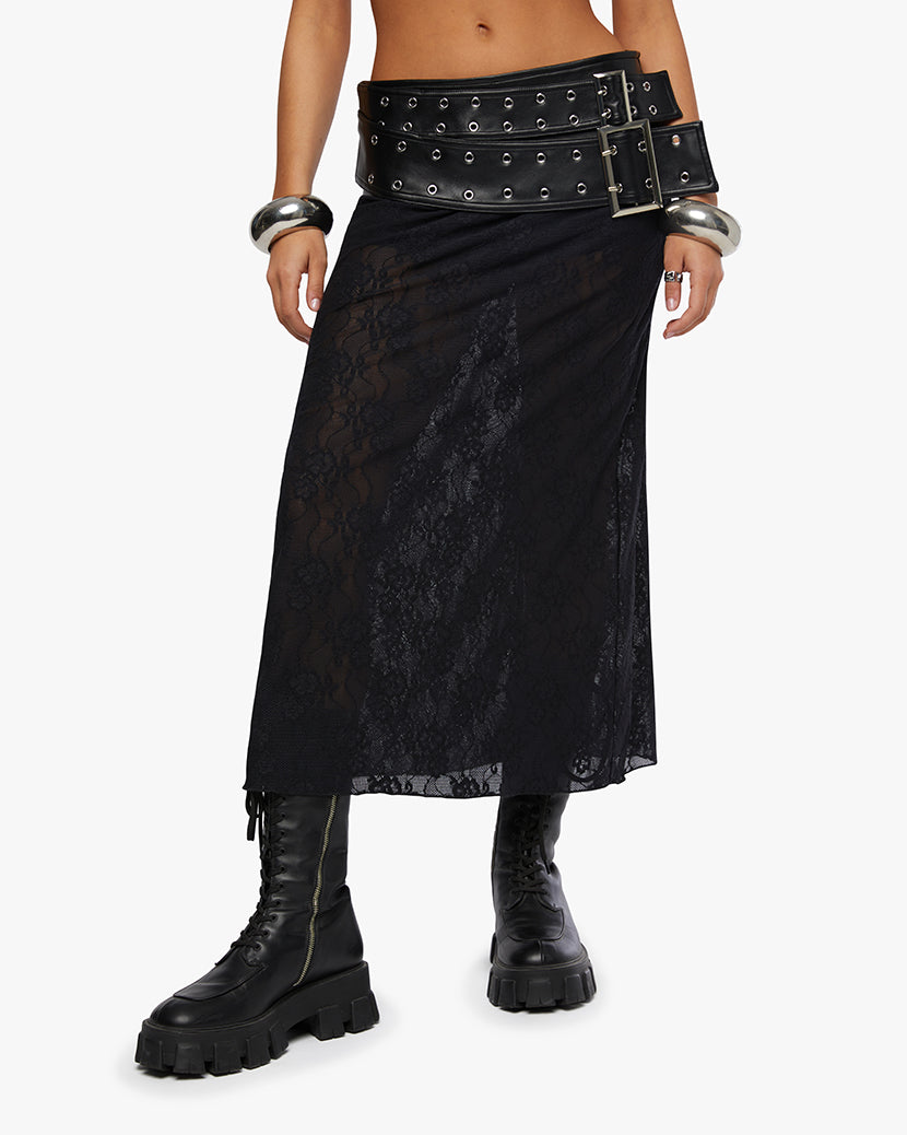 Double Belt Midi Skirt | Black