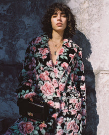 Long Fur Coat With Neon Rose Print | Women | Black x Pink