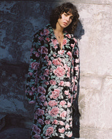 Long Fur Coat With Neon Rose Print | Women | Black x Pink