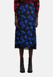 Long Printed Silk Skirt With Lace Details | Women | Black Blue