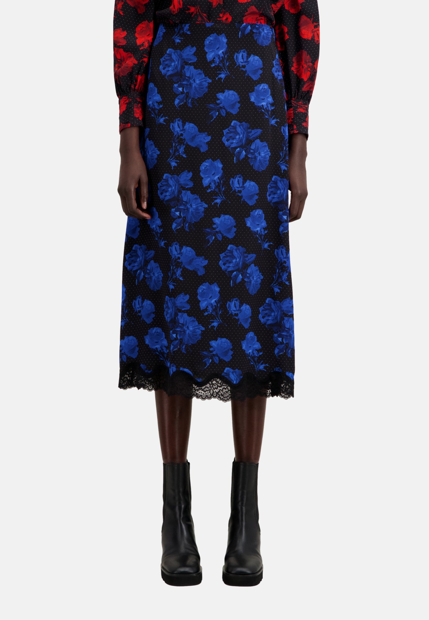 Long Printed Silk Skirt With Lace Details | Women | Black Blue