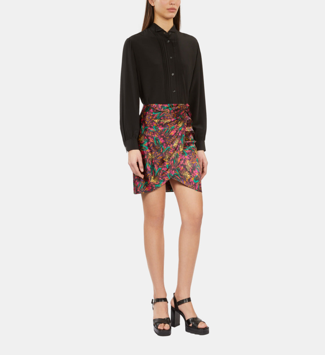 Featherprint Short Silk Skirt With Draping | Women | Multicolorlor