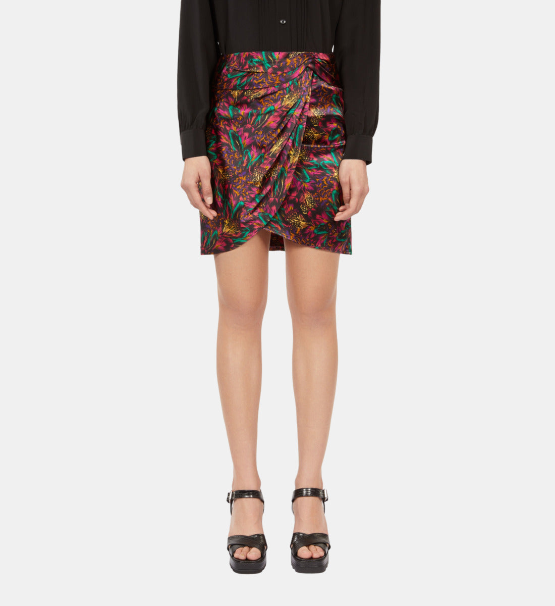 Featherprint Short Silk Skirt With Draping | Women | Multicolorlor