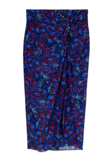 Feather Print Midi Skirt With Twist | Women | Blue Red