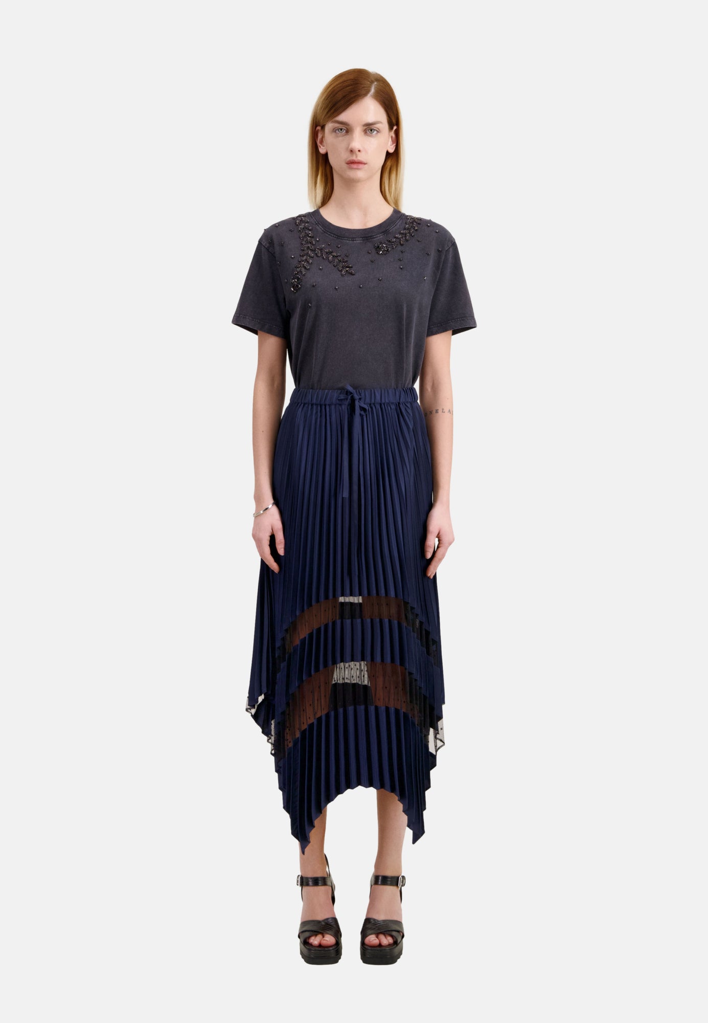 Navy Long Pleated Skirt | Women | Blue