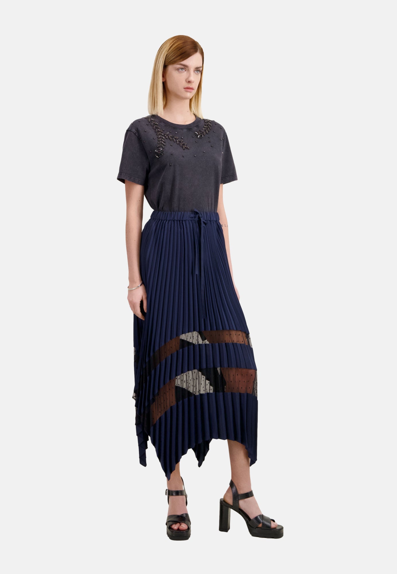 Navy Long Pleated Skirt | Women | Blue