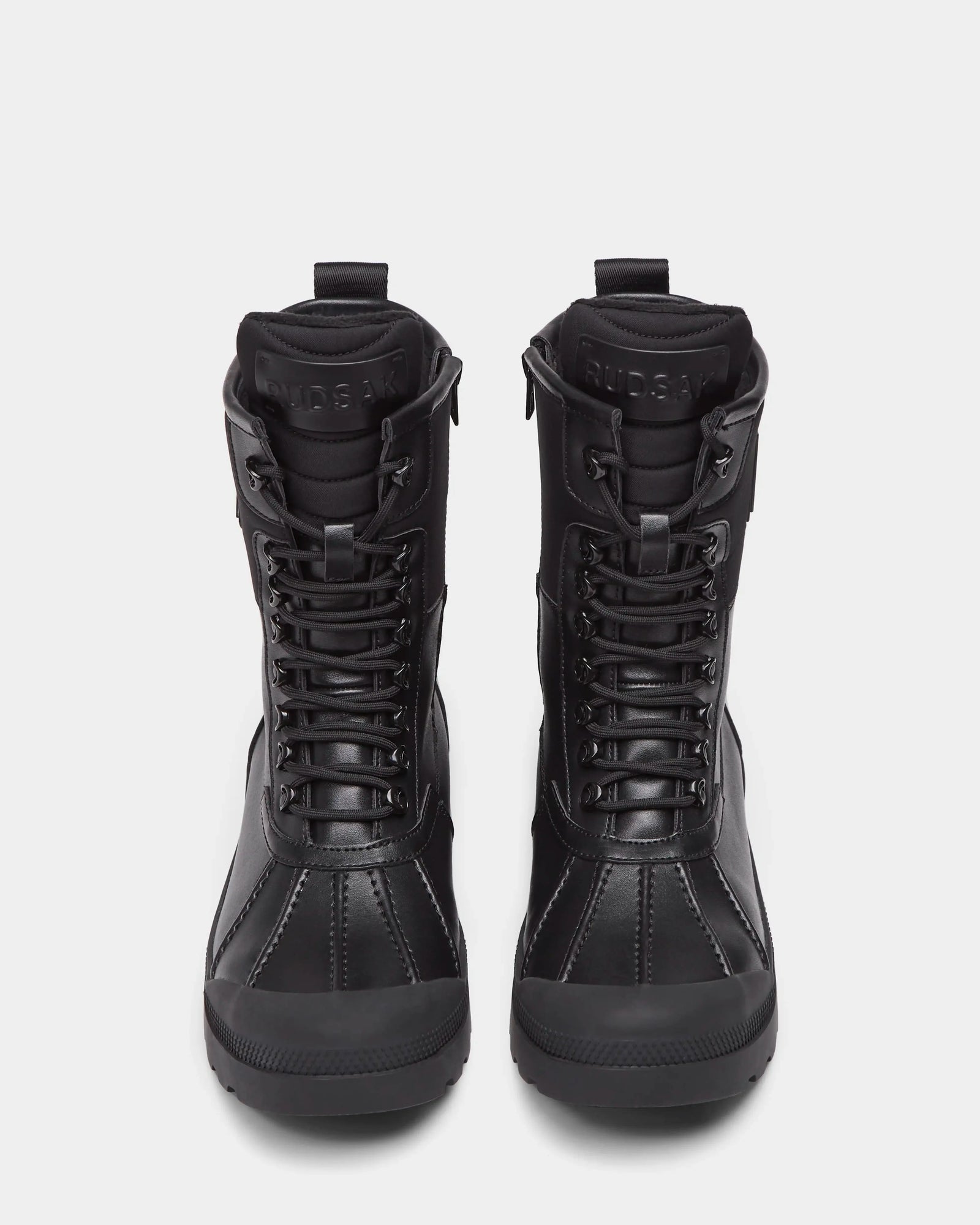 The Rudsak DAMIEN - M222500 Black men’s winter boots feature a black lace-up design, weather-treated leather, high tops, sturdy soles, and visible stitching, shown upright and facing forward on a plain white background.