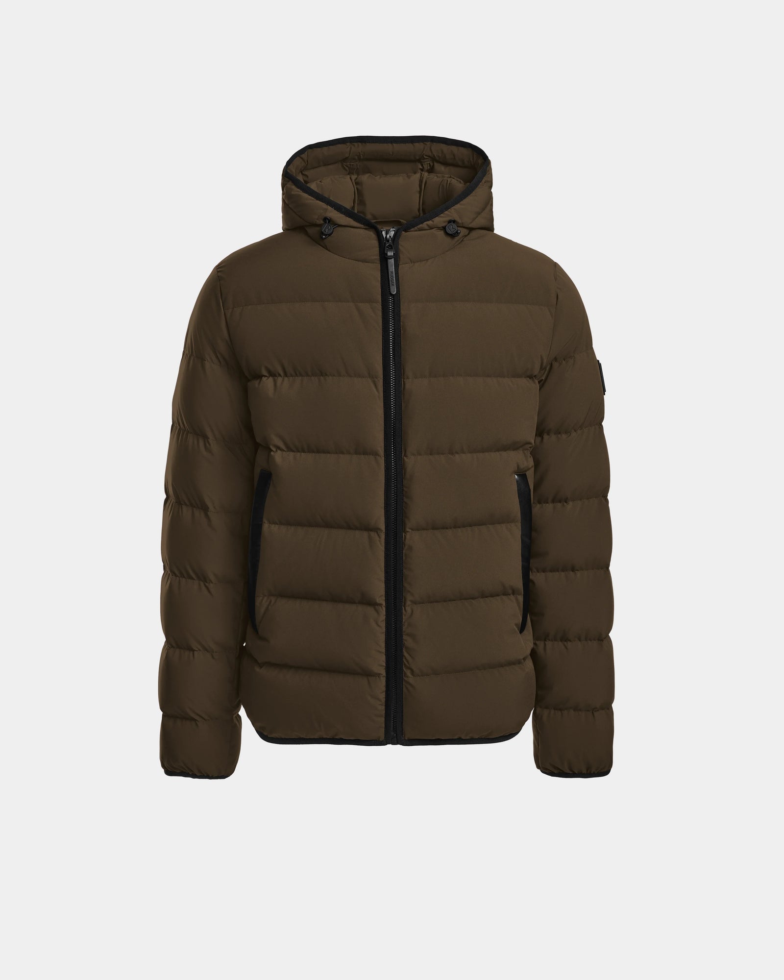 The Rudsak DEMIAN M - M123507 Army men’s down puffer jacket, made with RDS-certified premium down, features a hood, front zipper closure, and two zippered side pockets, shown against a plain white background.