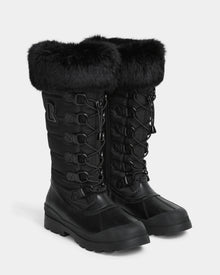 The Rudsak WINDY - L224507 Black boots are tall women's winter boots with faux fur trim, lace-up fronts, rugged soles, quilted sides with a raised R logo, and offer stylish, insulated cold-weather comfort.