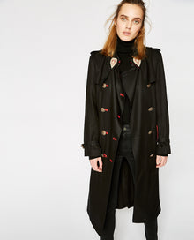 Flowing, Twin-Button Trench Coat With Contrasting Details | Women | Black